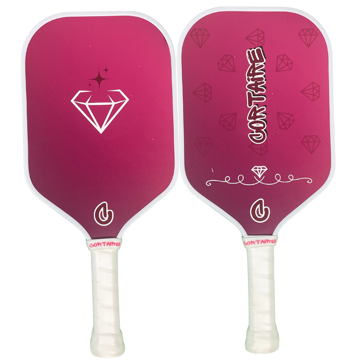 Two pink pickleball paddles with white handles on a white background
