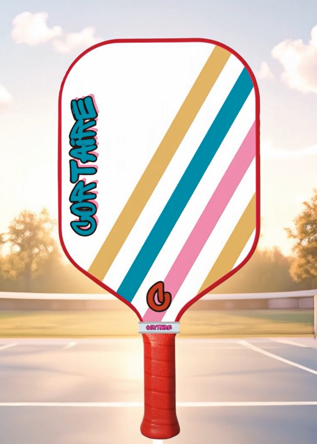 Colorful pickleball paddle with 'Cortaire' branding on a blurred tennis court background