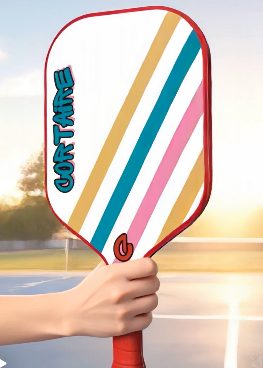 Hand holding a striped paddle with 'Cortaire branding against a blurred outdoor background